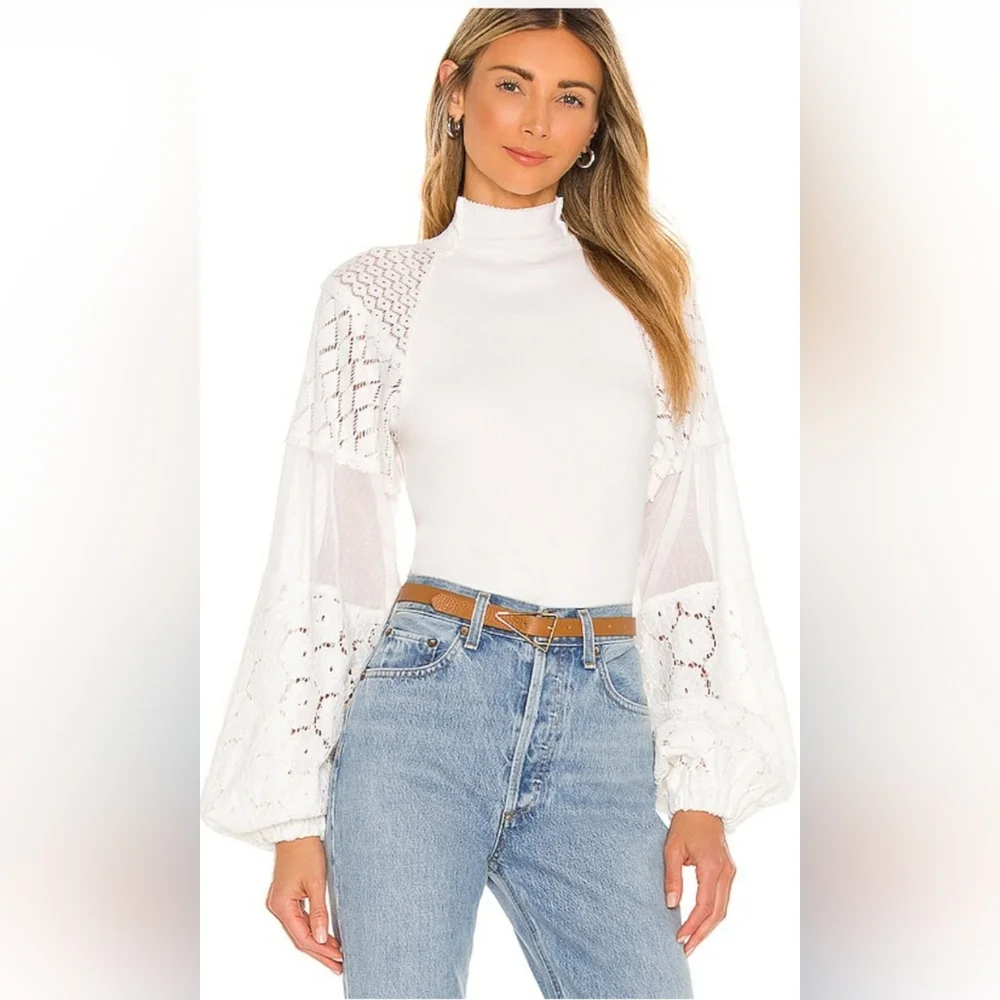 Free People Love Too Much White Mock Neck Top With Lace Sleeves